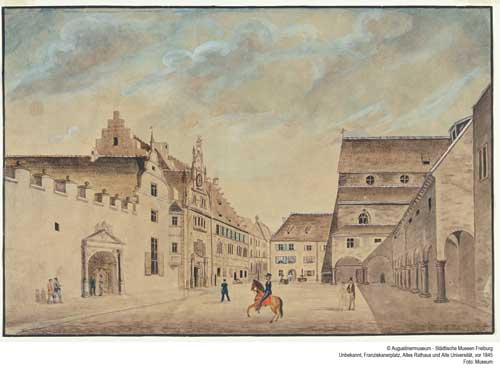 1457 gegründet: die Freiburger Universität. Hier der Franziskanerplatz mit dem Alten Rathaus und der Alten Universität, vor 1845. Foto: Augustinermuseum Freiburg