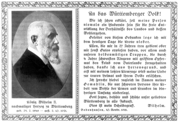 Abdankungs-Erklärung von König Wilhelm II von Württemberg 30. November 1918.
