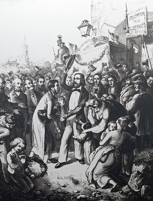 Friedrich Hecker im September 1848, umgeben von einer ehrerbietigen Menschenmenge, die sich von dem populären Revolutionär vor seiner Auswanderung in die USA verabschiedet. Foto: LMZ Baden-Württemberg