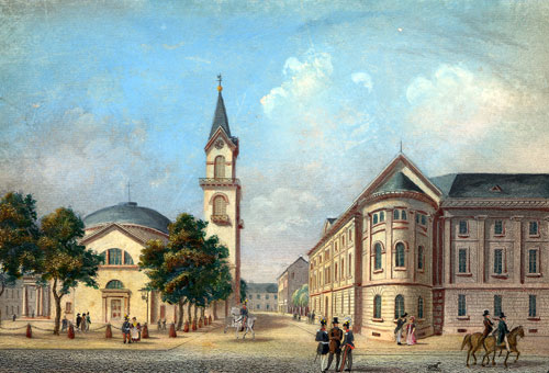 Blick auf das Badische Ständehaus (rechts) und die katholische Stephanskirche um 1850. Foto: Stadtarchiv Karlsruhe