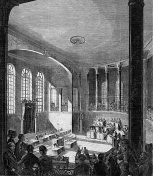 Der Sitzungssaal der Zweiten Kammer des Badischen Landtags auf einem Holzstich aus dem Jahr 1845. Foto: Stadtarchiv Karlsruhe