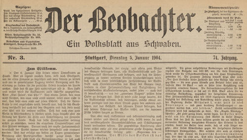 Ausschnitt aus der Titelseitedes Beobachter vom 5. Januar 1904. Foto: Universitätsarchiv Tübingen