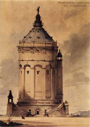 Mannheimer Wahrzeichen: Der Wasserturm von 1889, hier der Entwurf von Gustav Halmhuber (1885). Foto: Stadtarchiv Mannheim