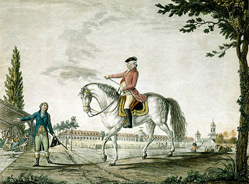 Der Stich aus der Zeit um 1790 zeigt Herzog Carl Eugen, der seinem Baumeister Befehle erteilt. 