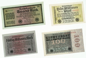 Eine Million Mark: Reichsbanknoten aus den Jahren 1922/23.