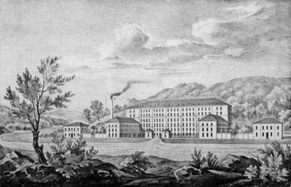 Die Spinnerei und Weberei Ettlingen bei Karlsruhe auf einem Stich um 1836.