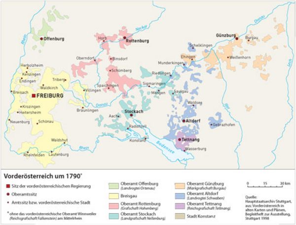 Vorderöstereich um 1790. Kennzeichen Vorderösterreichs ist seine Zersplitterung, die aber zugleich die machtmäßige Durchdringung der angrenzenden Territorien erlaubte. Grafik: LpB Baden-Württemberg