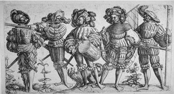 5 Landsknaechte aus dem Jahr 1530, bereits mit Pfeiffer und Trommler“. Foto: "Die fünf Landsknechte", Radierung von Daniel Hopfer, um 1530
