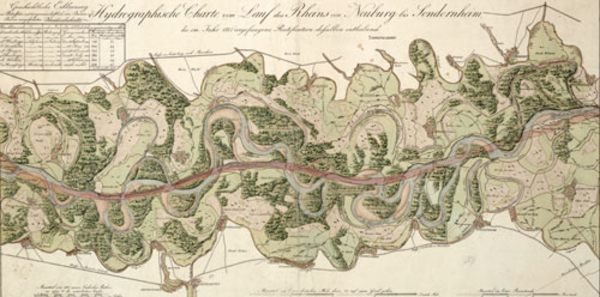 Die Hydrografische Karte aus dem Jahr 1817 zeigt die Korrektion des Rheins zwischen Neuburg und Sondernheim. Foto: Generallandesarchiv Karlsruhe
