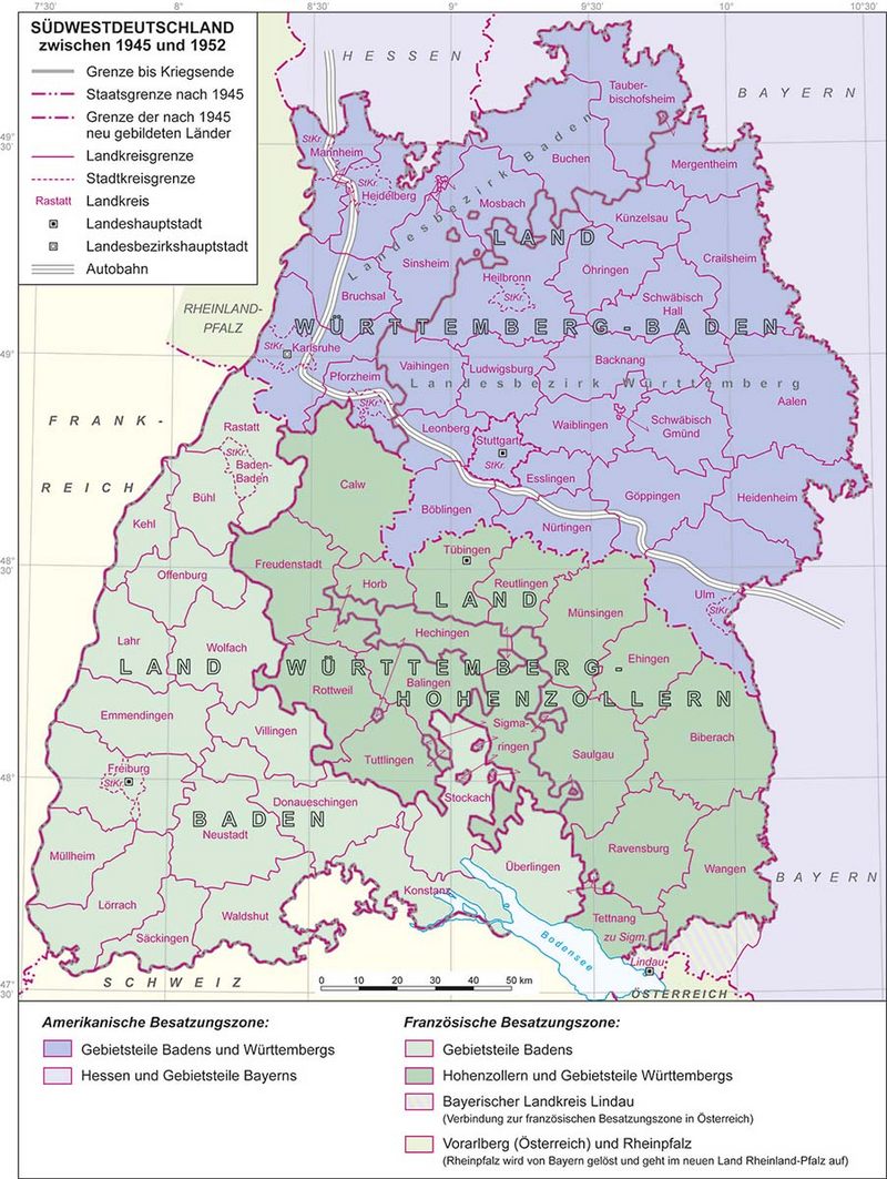 Südwestdeutschland zwischen 1945 und 1952. Karte: LpB BW