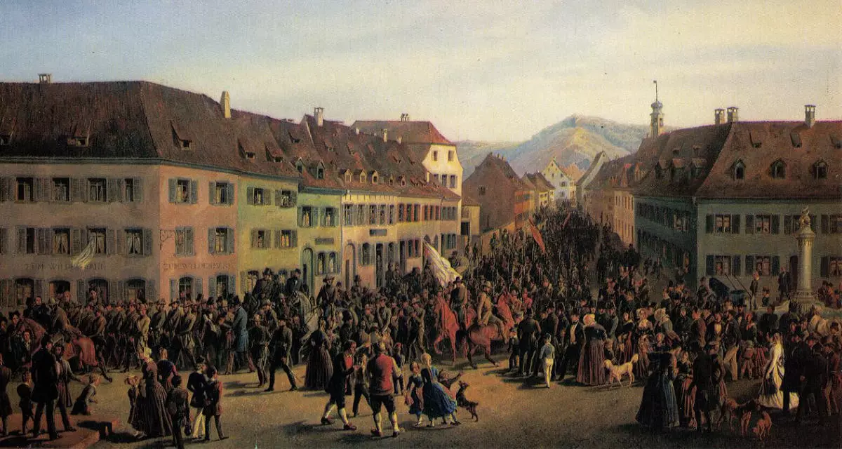 Einzug der revolutionären Bewegung unter Führung Gustav Struves in Lörrach. Bild: Wikimedia (gemeinfrei). Einzug der revolutionären Bewegung unter Führung Gustav Struves in Lörrach. Bild: Wikimedia (gemeinfrei).