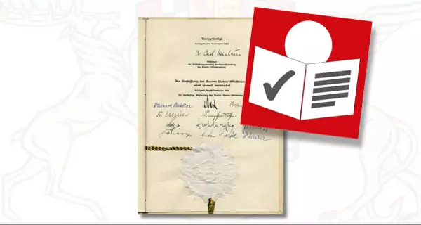 Die Verfassungsurkunde von Baden-Württemberg. Foto: LMZ Baden-Württemberg. Symbol für "in Leichter Sprache" Die Verfassungsurkunde von Baden-Württemberg. Foto: LMZ Baden-Württemberg. Symbol für "in Leichter Sprache"