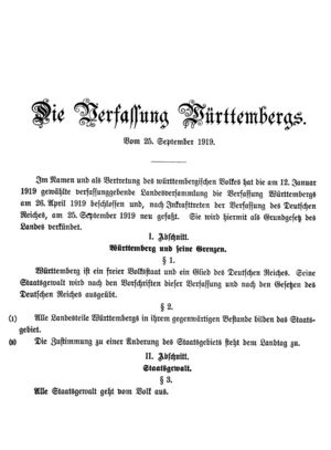 Die erste Seite der Verfassung Württembergs von 1919.