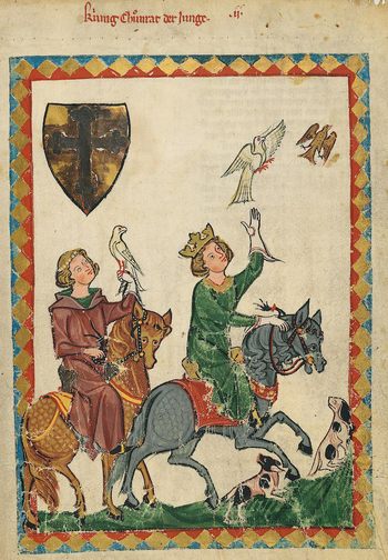 Konradin, Herzog von Schwaben (1252–1268), der letzte Spross des staufischen Hauses, auf der Falkenjagd. Große Heidelberger Liederhandschrift – Codex Manesse 1300/1340.