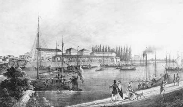 Der Mannheimer Freihafen auf einer zeitgenössischen Lithografie der 1840er-Jahre. 