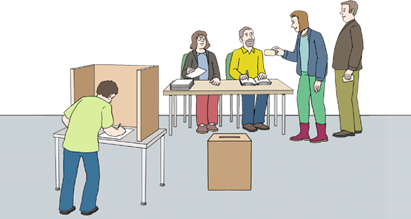 Grafik: Wahlbeteiligung. Wählen in einer Wahlkabine. Menschen geben ihre Wahlunterlagen ab.