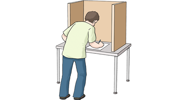 Grafik: Mann wählt in einer Wahlkabine