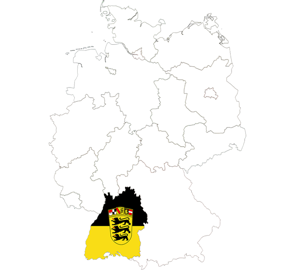 Grafik: Karte von Deutschland. Hervorgehoben Schwarz/Gelb mit Wappen Baden-Württemberg