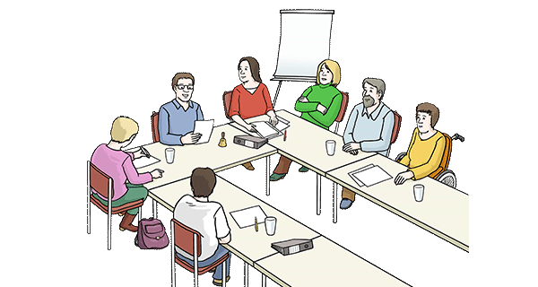 Grafik: Sitzung. Menschen sitzen an Tischen, die in U-Form gestellt sind