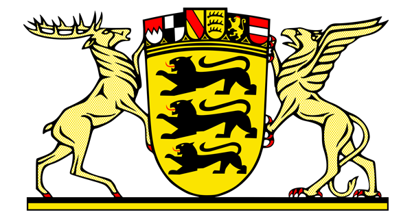 Wappen von Baden-Württemberg. Drei schreitende schwarze Löwen mit roten Zungen. Der goldene Schild wird von einem Hirsch und einem Fabeltier, dem Greif, gestützt.