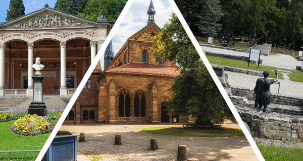 Sieben UNESCO-Welterbestätten gibt es in Baden-Württemberg. Dazu zählen (v.l.n.r.) Baden-Baden (auf dem Foto zu sehen ist die Trinkhalle), das Kloster Maulbronn und der Limes. Fotos: pixabay | edysign, Canva, pixabay | efraimstochter.