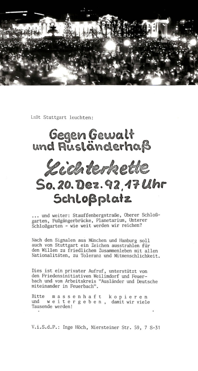 Mit diesem Flugblatt rief die Stuttgarterin Ingeborg Höch zur Lichterkette in ihrer Stadt auf. (© Ingeborg Höch, Stuttgart)