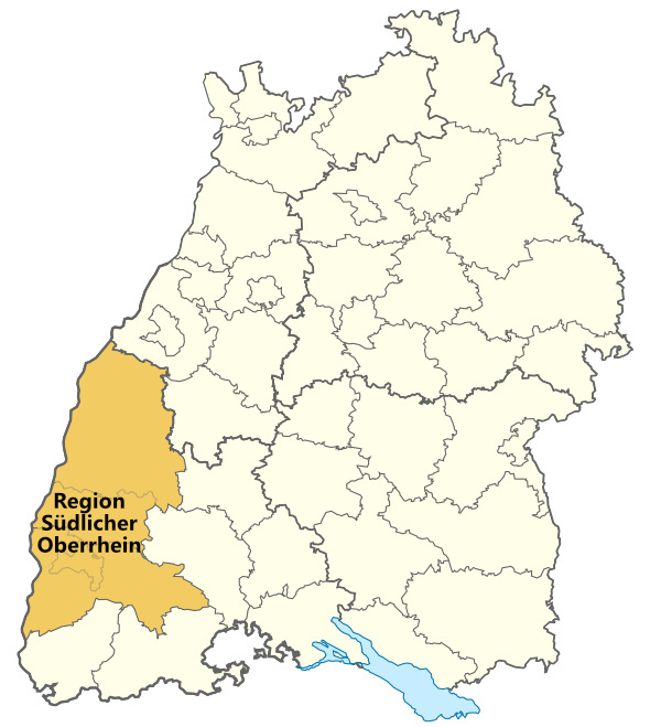 Region Südlicher Oberrhein. Grafik: LpB BW, Karte: wikimedia.org/TUBS. CC BY-SA 3.0.