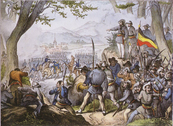 Bei Kandern wird der Heckerzug militärisch zerschlagen. Die Abbildung zeigt das Gefecht bei Kandern am 20. April 1848. Zeitgenössische Lithographie, die die Schlacht aus der Perspektive der Revolutionäre zeigt. Foto: Wikimedia (gemeinfrei)