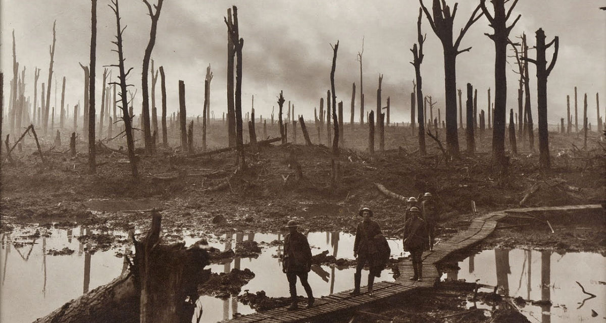 Erster Weltkrieg: Soldaten in einem zerstörten Wald in Belgien.
