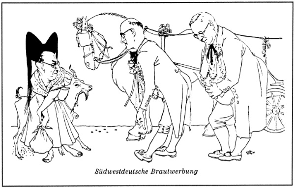 „Südwestdeutsche Brautwerbung“. So interpretierte der Karikaturist der „Stuttgarter Zeitung“ im August 1949 das Werben der „reichen“ Württemberger Reinhold Maier und Gebhard Müller, die mit einem stolzen Pferd kommen, um den „spröden“ und „kleinen“ Badener Leo Wohleb, der nur eine Ziege hat. Quelle: Stuttgarter Zeitung, 27.8.1949