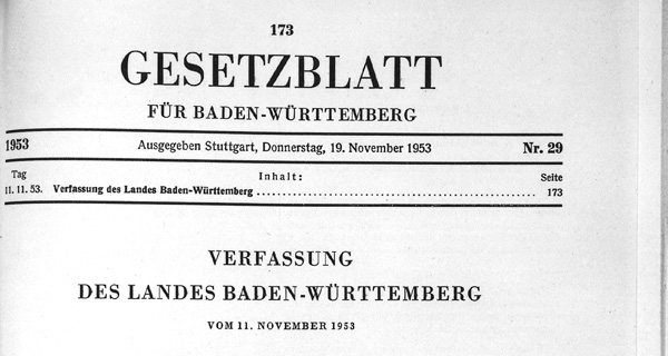 Verfassung des Landes Baden-Württemberg – Titel im Gesetzblatt, 1953. Foto: LMZ / Dieter Jaeger. 